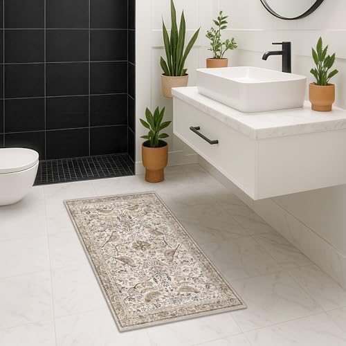 Hazo Haus Boho Moss 2x5 Laundry Room Rug - Floral & Bird Runner Rug for Kitchen Floor, Hallway, Bedroom, Entrance, Taupe Green Neutral Vintage Decor, Washable Non Slip Low Pile - Image 3