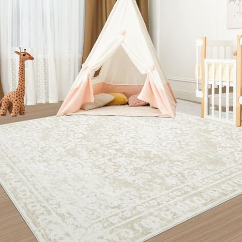 Aoyaomi Vintage Living Room Area Rug - 5x7 Large Machine Washable Boho Area Rug Distressed Floral Rugs for Bedroom, Soft Non-Slip Indoor Floor Accent Rugs for Office Dining Room (Cream Beige, 5'x7') - Image 6