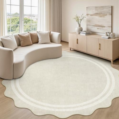 Round Area Rugs 6ft for Bedroom, Ivory Washable Circle Rug Soft Non Slip Floor Scalloped Carpet Indoor Thin Rug for Living Room Dining Room Playroom Nursery - Image 2