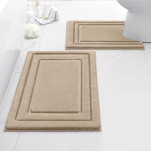 HOMEIDEAS Bathroom Rugs Sets 2 Piece, U-Shaped Toilet Rug Khaki by HOMEIDEAS
