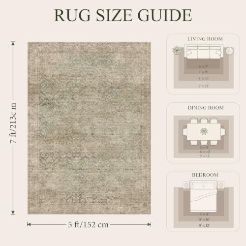 5x7 Washable Boho Area Rug, Nonslip Beige Green for Bedroom Nursery - Image 2