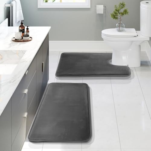 Clara Clark 2 Piece Bathroom Rugs, Velvet Memory Foam Bath Mat Set, Non-Slip Bath Rugs, Machine Wash, Dries Quickly, Ultra Soft Plush Bath Mats for Bathroom, 17 x 24 + Contour, Dark Grey by ClaraClark