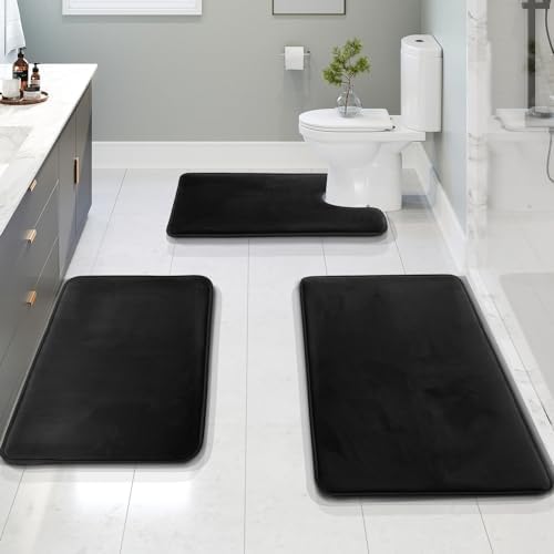 Clara Clark 3 Piece Bathroom Rugs Bath Mat Set, Velvet Memory Foam Bath Mats for Bathroom - Non-Slip, PVC Backing Bath Rugs, Washable - Dries Quickly, Black by ClaraClark