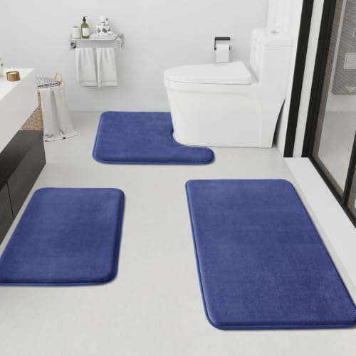 HUXMEYSON Bathroom Rugs Sets 3 Piece, Non-Slip & Quick Dry Bath Mat Set, Ultra Soft Velvet Bath Rugs for Bathroom, Toilet and Shower Floor, Royal Blue by HUXMEYSON