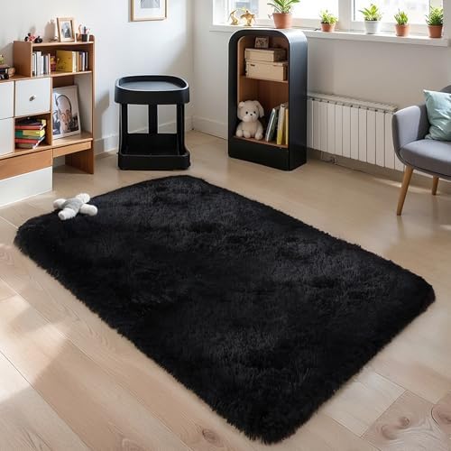 3x5 Thick Black Fluffy Shag Rug for Bedroom, Plush Washable Carpet by KICHOWUA