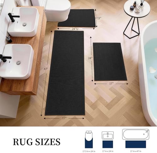 YIHOUSE Black Bathroom Rugs Sets 3 Piece, Quick Dry Thin Bath Mat with Toilet Rug, Non Slip Absorbent Machine Washable, Bath Runner Rugs for Bathtub Sink Home Decor - Image 2