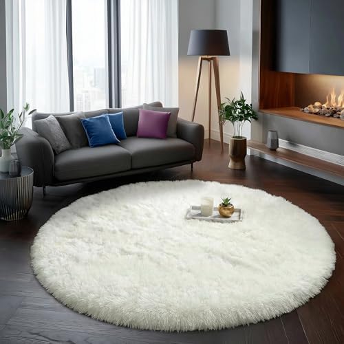 Amdrebio Cream Ivory White Big Furry Area Rug 7Ft for Bedroom Living Room by Amdrebio