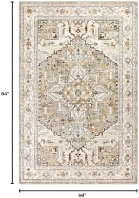 Yamaziot Area Rug 5x7, Non-Slip Washable Boho Vintage Living Room Bedroom Rug with Rubber Backing, Low Pile Faux Wool Soft Distressed Rug Floor Carpet for Living Room, Bedroom - Image 2