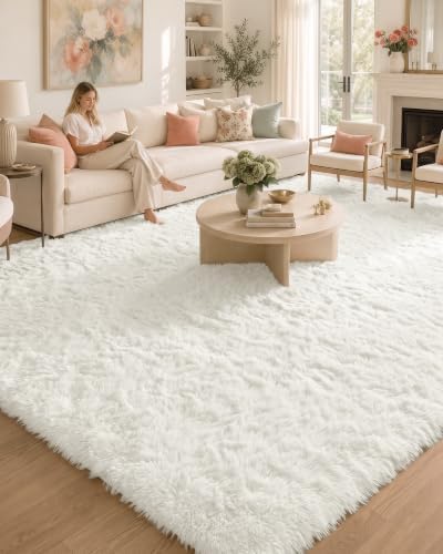 OLANLY 9x10 Machine Washable Large Area Rugs for Living Room, Bedroom, Soft Fluffy Shaggy Bedside Rug, Indoor Floor Carpet for Kids Girls and Boys, Dorms, Nursery, Home Decor Aesthetic, Ivory by OLANLY