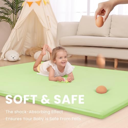 Huloo Sleep Baby Play Mat for Floor,1.3"Thick Elasti-Foam 50x50 Playpen Mat for Toddlers Infant kids,Water-Repellent Soft Velvet for Tummy Time,Non-Slip Backing for Crawling,Tatami Style(Light Green) - Image 4