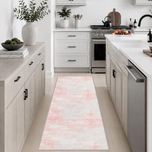 2x5 Washable Runner Rug：Modern Abstract Soft Carpet Pink White by FXRHLP