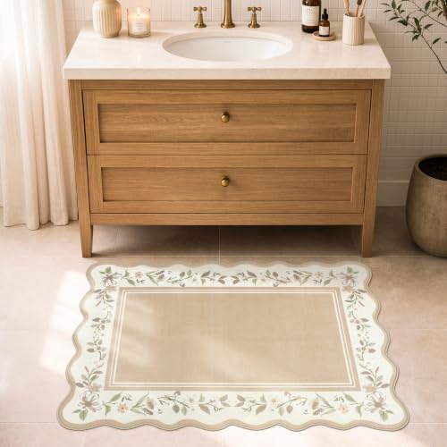 Lahome Scalloped Bathroom Rug 2x3, Beige Floral Bath Mat by Lahome