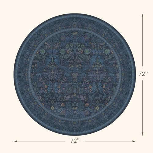 Washable 6ft Round Living Room Rug, Thin Circle Rug for Dining Room Under Table Non Slip, Floral Carpet Boho Décor Bedroom (Dark Blue) - Image 2
