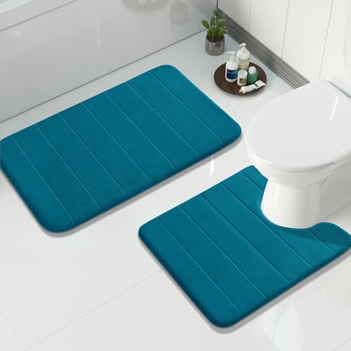 Yimobra Memory Foam Bathroom Mat Set, 31.5 x 20 & 24 x 20 in, Peacock Blue by Yimobra