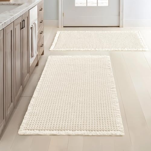 MIULEE Set of 2 Waffle Bathroom Rugs Boho Bath Mat Cream White 18x30 Inch by MIULEE