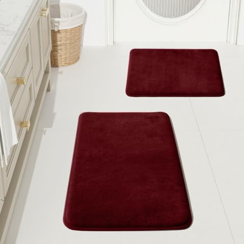 HUXMEYSON Bathroom Rugs Sets 2 Piece, Non-Slip & Quick Dry Bath Mat Set, Ultra Soft Velvet Bath Rugs for Bathroom, Toilet and Shower Floor, Red by HUXMEYSON
