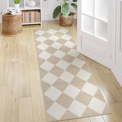 Beeiva Checkered Print Carpet Runners for Hallway 6ft, Beige Ultra Thin Washable Kitchen Runner Rug Non Slip, Moroccan Plaid Checkerboard Decor Faux Wool 2x6 Rug for Bedroom Bathroom Entryway - Image 3