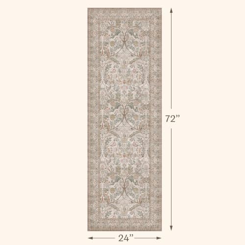 Vintage Floral Moss 2x6 Bathroom Runner Rug Non Slip - Washable Low Pile Hallway Runner, Thin Neutral Taupe Green Traditional Decor Floor Carpet for Entryway, Laundry Room, Bedroom - Image 2