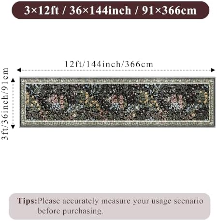 Washable Long Runner Rug 3x12: Vintage Botanical Runner for Large Hallway Office Gallery - Machine Washable Non Slip Low Pile Carpet - Soft Foldable Rug for Busy Indoor Spaces - 3'x12' Black - Image 2