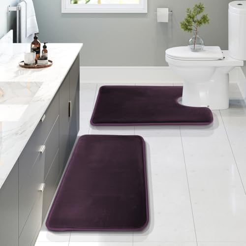 Clara Clark 2 Piece Bathroom Rugs, Velvet Memory Foam Bath Mat Set, Non-Slip Bath Rugs, Machine Wash, Dries Quickly, Ultra Soft Plush Bath Mats for Bathroom, 17 x 24 + Contour, Dark Purple by ClaraClark