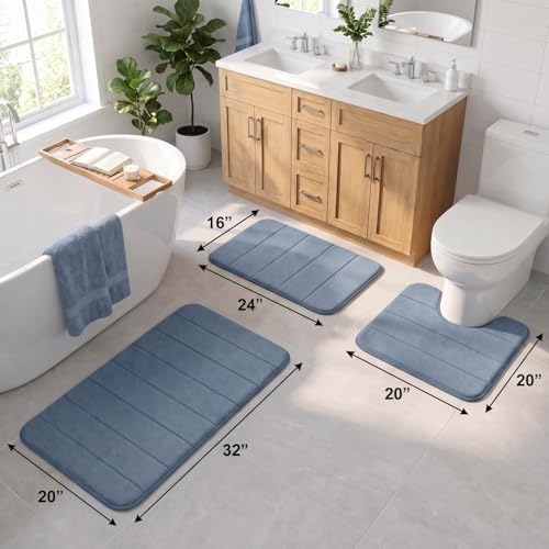 Bathroom Rugs Set 3 Piece, Memory Foam Bath Rugs, Non Slip Washable Bathroom Rug Set, Extra Soft Absorbent Bath Mats with U-Shaped Toilet Rug, Dusty Blue - Image 2
