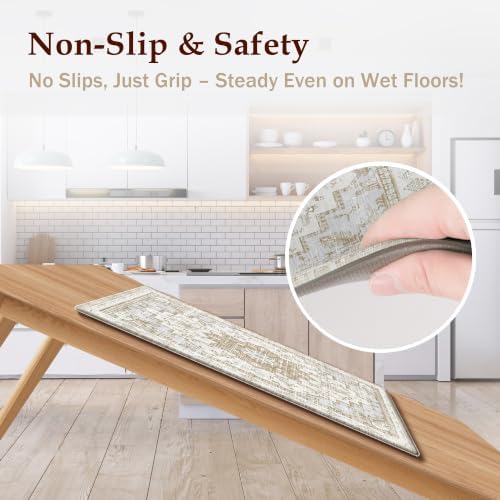 Boho Kitchen Mats for Floor 2PC Anti Fatigue Kitchen Rugs, Beige Tan - Image 4