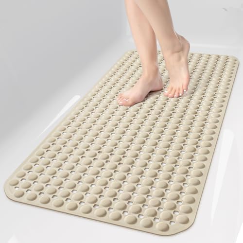 OTHWAY Bath Tub Shower Mat Non Slip, Bathtub Floor Liner Mats for Inside Shower Bathroom, Suction Cups and Drain Holes for Feet Scrubbing, Machine Washable, Soft on Feet, 35x16 Inch, Brown by OTHWAY