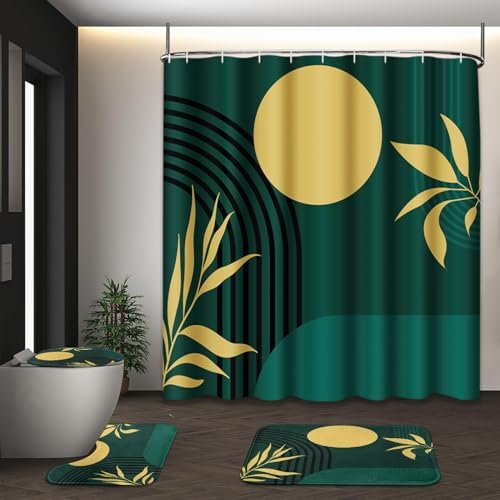 Bathroom Sets with Shower Curtain and Rugs Set of 4, Boho Geometric by Tayney