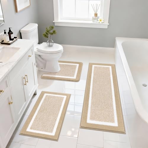 Pauwer Bathroom Rugs 3 Piece Set, Non Slip Washable Bath Mat, Beige by Pauwer