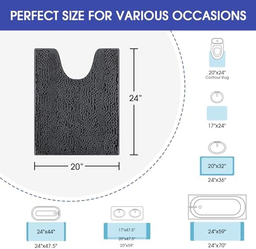 Striped Grey Toilet Bathroom Rug Mat 24" x 20" Contour Rug Ultra Soft, Non Slip Chenille Bath Rugs, Absorbent Plush Shaggy Bath Mats for Bathroom, Bedroom, Kitchen, Shower, Tub,Dark Gray, Charcoal - Image 2