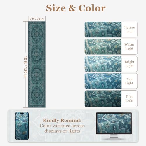 Washable Hallway Runner Rug 2'x10', Vintage Medallion, Boho Teal - Image 2