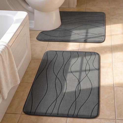 YIHOUSE Bathroom Rugs Set 2 Piece, Memory Foam Bath Mat Dark Grey by YIHOUSE