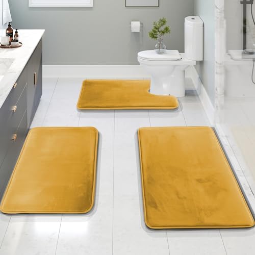 Clara Clark Bathroom Rug Set, 3 Piece Velvet Memory Foam Bath Mats with Non-Slip PVC Backing, Gold - Image 2