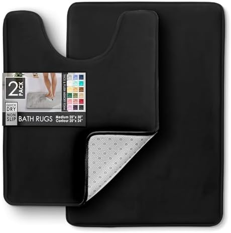 Clara Clark 2 Piece Bathroom Rugs, Velvet Memory Foam Bath Mat Set, Non-Slip Bath Rugs, Machine Wash, Dries Quickly, Ultra Soft Plush Bath Mats for Bathroom, 20 x 32 + Contour, Black - Image 3