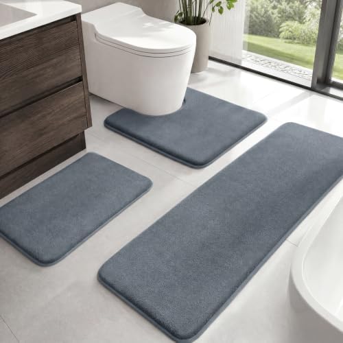 HUXMEYSON Bathroom Rugs Sets 3 Piece, Non-Slip & Quick Dry Bath Mat Set, Ultra Soft Velvet Bath Rugs for Bathroom, Toilet and Shower Floor, Grey by HUXMEYSON