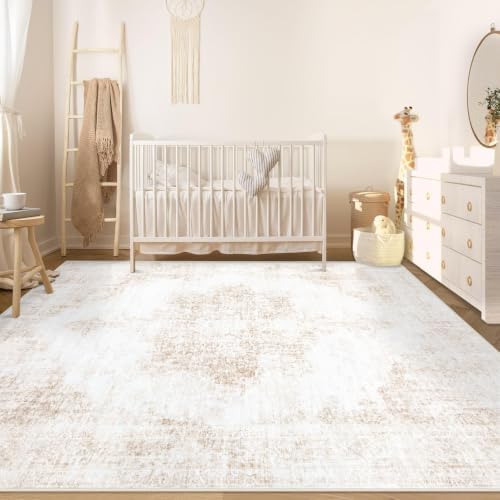 Area Rug 5x7 Vintage Rug: Washable Living Room Rugs Retro Medallion Distressed Large Rugs Soft Low Pile Non-Slip Indoor Floor Carpet for Bedroom Kitchen Nursery Dining Table Office (Beige, 5'x7') - Image 4