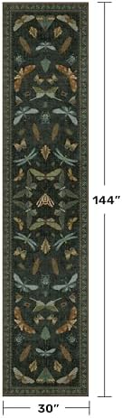 Dark Green 2'6"x12' Long Runner Rugs for Hallway - Boho Wide Washable Non Slip Rug for Indoor Entryway, Kitchen, Low Pile Vintage Whimsical Insect Moth Design, Stain Resistant Ultra Soft Carpet - Image 2