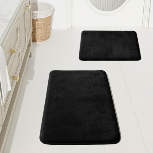 HUXMEYSON Bathroom Rugs Sets 2 Piece, Non-Slip & Quick Dry Bath Mat Set, Ultra Soft Velvet Bath Rugs for Bathroom, Toilet and Shower Floor, Black by HUXMEYSON