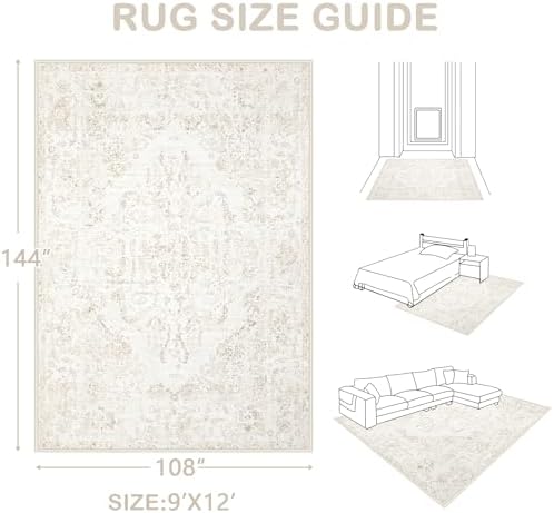 9x12 Area Rugs for Living Room:Washable Rug Vintage Large Rugs Soft Non Slip Low Pile Rug Floral Distressed Floor Carpet for Bedroom Dining Room Home Office (Beige,9'x12') - Image 2