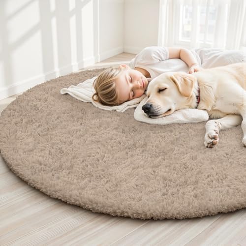 Beige Round Fluffy Rug 6ft Plush Fuzzy Shaggy Carpet - Image 6