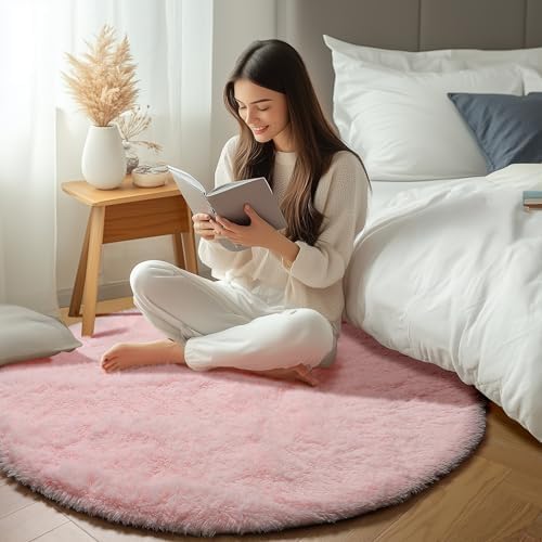 ONASAR Light Pink Round Area Rugs 5ft for Bedroom Living Room, Fluffy Circle Rug for Kids Girls Boys Teen, Soft Plush Shaggy Carpet for Nursery Dorm Classroom Playroom Home Decor Aesthetic - Image 5