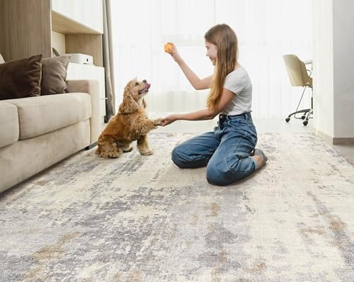 UERMEI 5x7 Area Rug Living Room Rugs - Washable Neutral Modern Abstract Soft Thin Rug Indoor Floor No Slip Rug Carpet for Bedroom Under Dining Table Home Office Decor - Light Brown/Gray - Image 4