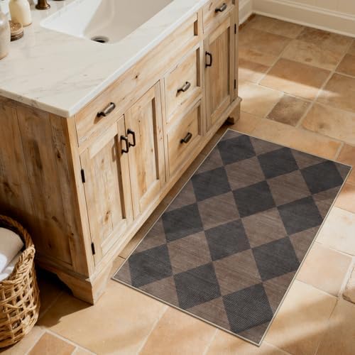 Beeiva Checkered Print 2x3 Samall Area Rugs for Entryway, Washable Stain Resistant Kitchen Rug Non Slip Ultra Thin 2x3 Bath Mat, Plaid Moroccan Alfombra for Bedroom Laundry Sink (Brown/Black) - Image 6