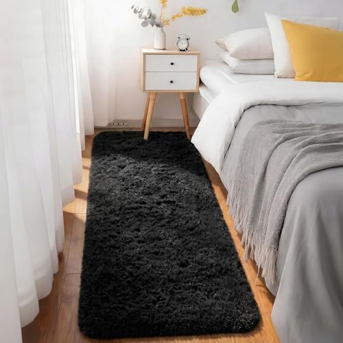 Ophanie Runner Rug for Hallway, 3x6 Washable Non-Slip Fluffy Soft Bedside Rugs, Bedroom Living Room Shaggy Carpet for Kids Girls Boys Dorm Nursery Decor Aesthetic, Black with Over 99 pcs Pile fibers - Image 5
