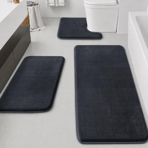 HUXMEYSON Bathroom Rugs Sets 3 Piece, Non-Slip & Quick Dry Bath Mat Set, Ultra Soft Velvet Bath Rugs for Bathroom, Toilet and Shower Floor, Dark Grey by HUXMEYSON
