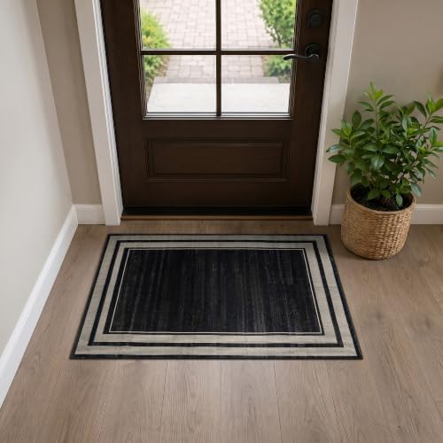 Rugshop Striped Border Machine Washable Non-Slip Area Rug, 2'x3' Black by Rugshop