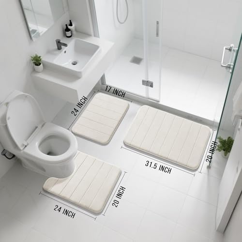 Yimobra Memory Foam Bath Mat Set 3 Pieces- Super Soft Absorbent Quick Dry Bathroom Rug Sets, Machine Washable Non Slip Floor Carpet for Tub Shower, Vanity & Toilet Base, Cream White - Image 2