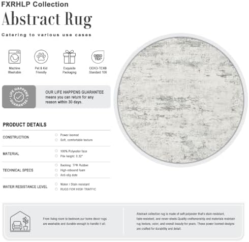 Round Area Rug Living Room: 6 ft Modern Washable Carpet Gray - Image 2
