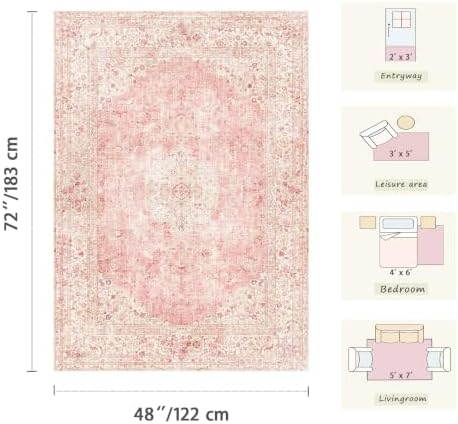 Vintage Pink Area Rugs 4x6, Washable Cute Small Rugs for Girls - Image 2