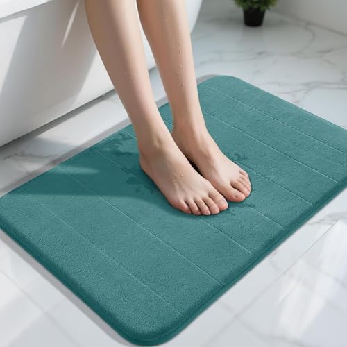 Yimobra Teal Bath Mat 31.5x20 Inch, Super Soft Absorbent Memory Foam Bathroom Rug Non Slip, Quick Dry, Machine Washable Floor Carpet for Tub Shower, Home Decor Accessories by Yimobra